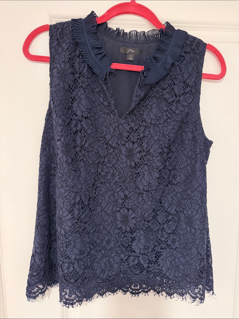 J. Crew Navy Lace Sleeveless Top with Pleated V-Neck